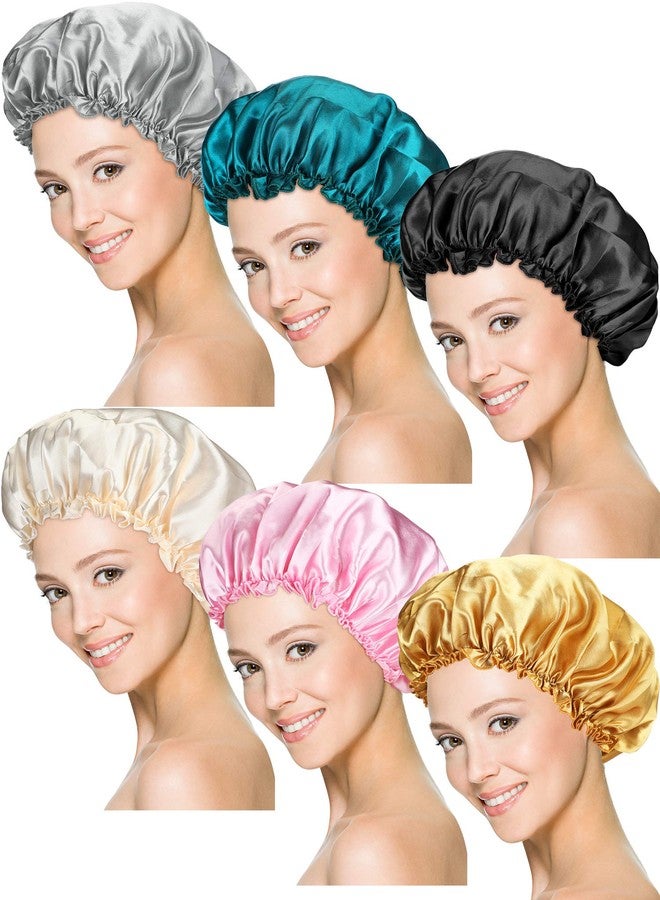 Syhood 6 Pieces Sleep Cap Satin Bonnet Sleeping Hat Soft Elastic Night Hair Cover for Women(Black, Beige, Silver, Gold, Pink, Peacock Blue,Medium) - Image 1
